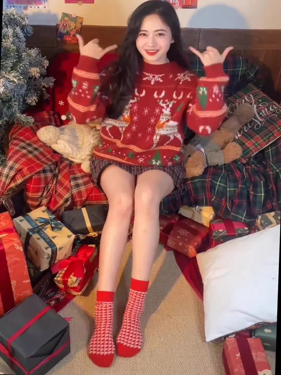 

Cisas Aosphere Deer Red Loose Women's Knitted Sweater Autumn Winter Sle Commute Long Sve round Ne Warmth Heating