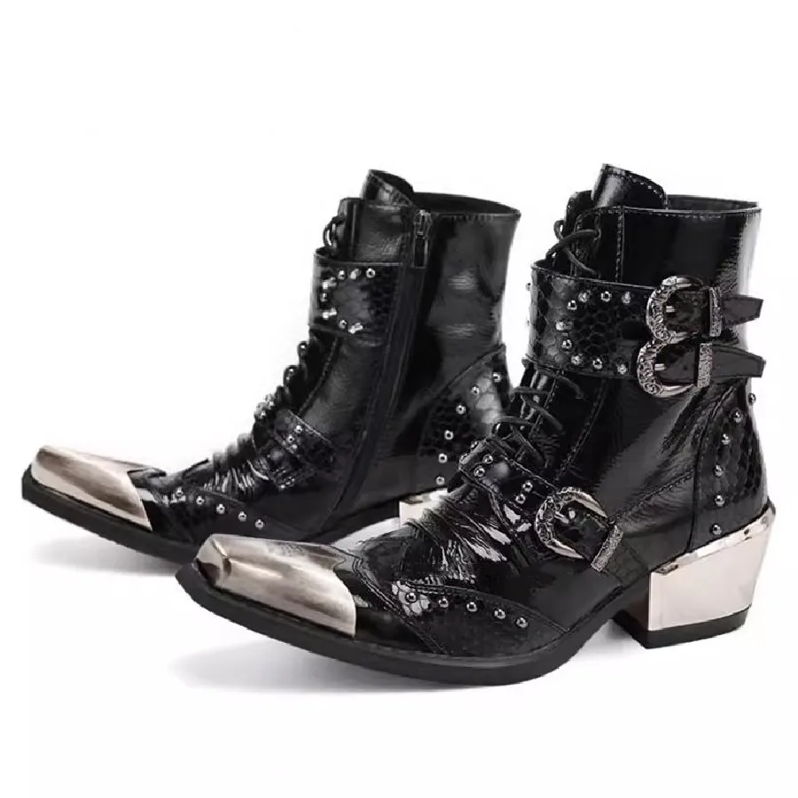 

Мужские ботинки в стиле панк со змеиным принтом — кожаные ботильоны на массивном каблуке Dark Rock для сцены и модной молодежи