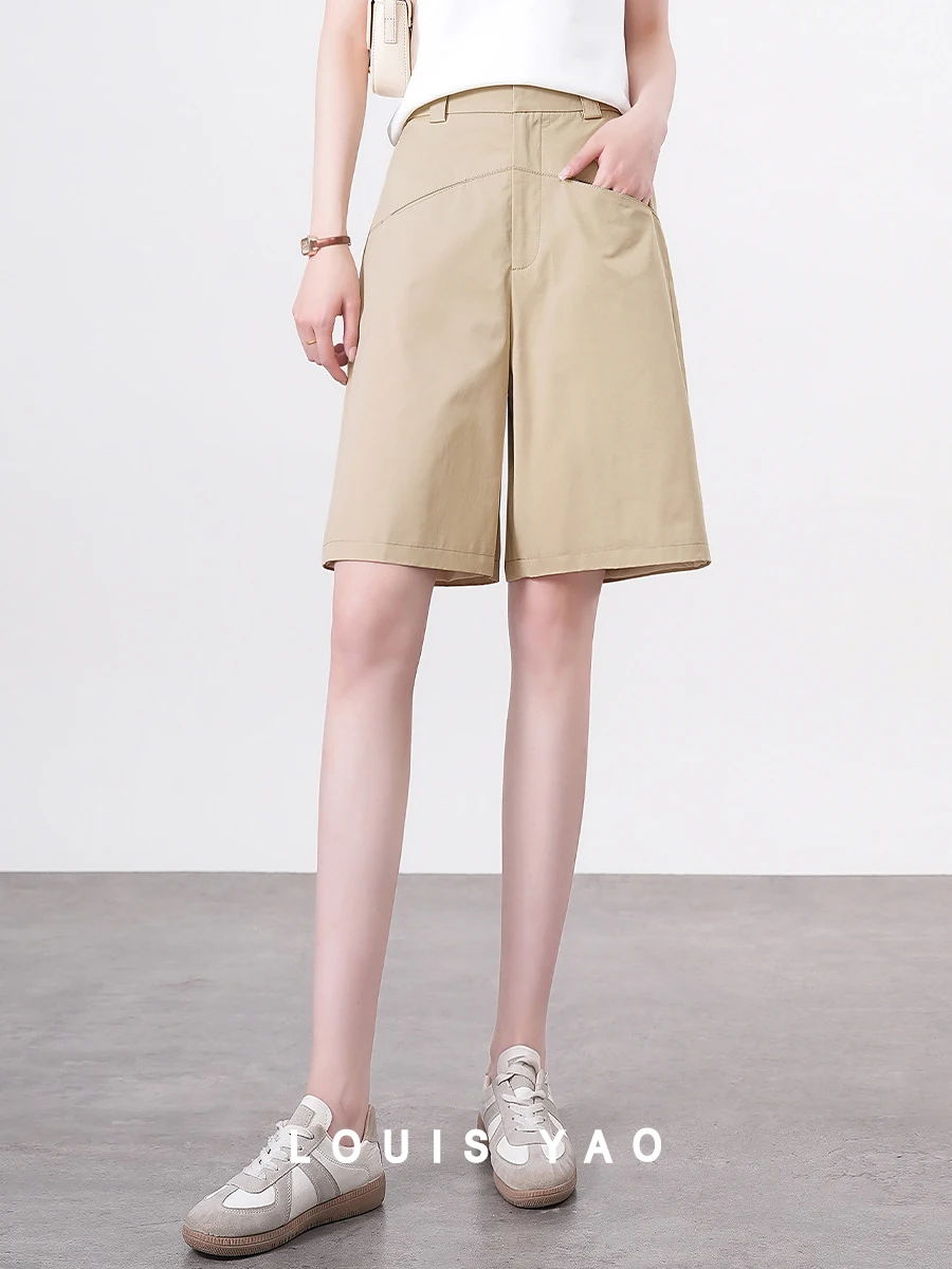 LOUIS YAO Short Pants 100% Cotton Casual Basic Short Trousers High Waist Wide Leg Pants Solid Color Summer Pants