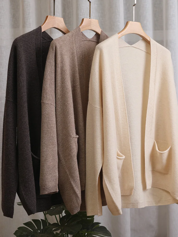 CHICUU kardigan wol kasmir wanita, atasan Sweater Korea longgar kasual musim gugur dan dingin 100% Merino