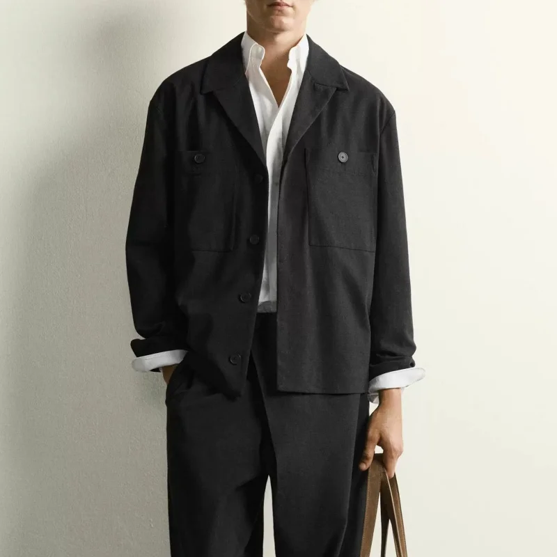New 2026 Early Autumn Men's Casual Loose Fit Shirt Jacket with Pocket Versatile Black Workwear Style Long Sleeve Standard Size