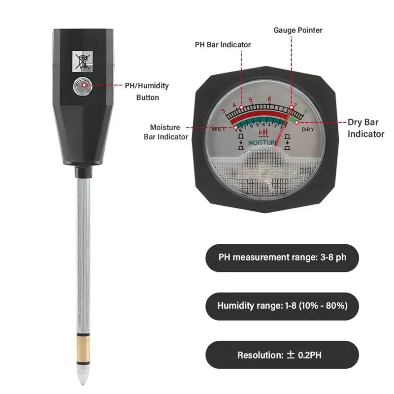 AB46-Soil Detector 2 In 1 Soil PH Meter Moisture Tester Monitor Garden Plants Soil Acidity Analysis Tool 150Mm Probe