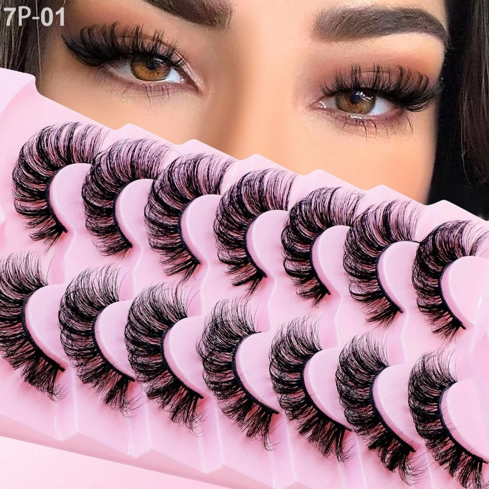 7 Paar schwarze Wimpern, vollständig künstliche Nerzwimpern, natürlich gelockt, D-förmige Locke, dicke und lange falsche Wimpern