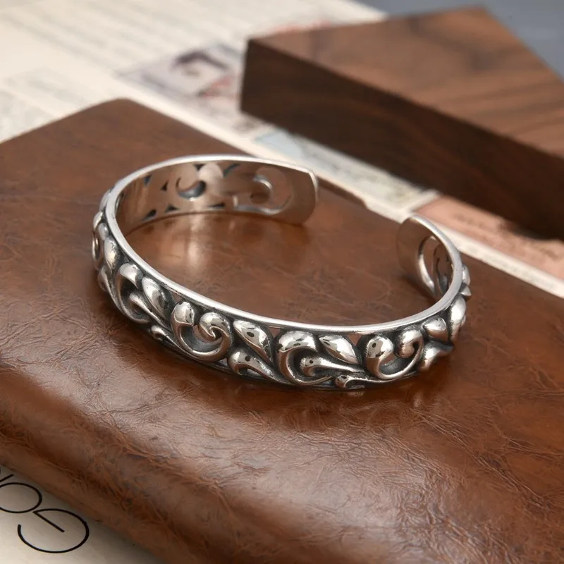 New 925 Silver Vine Pattern Open Bracelet Men And Women, Vintage Ethnic Style