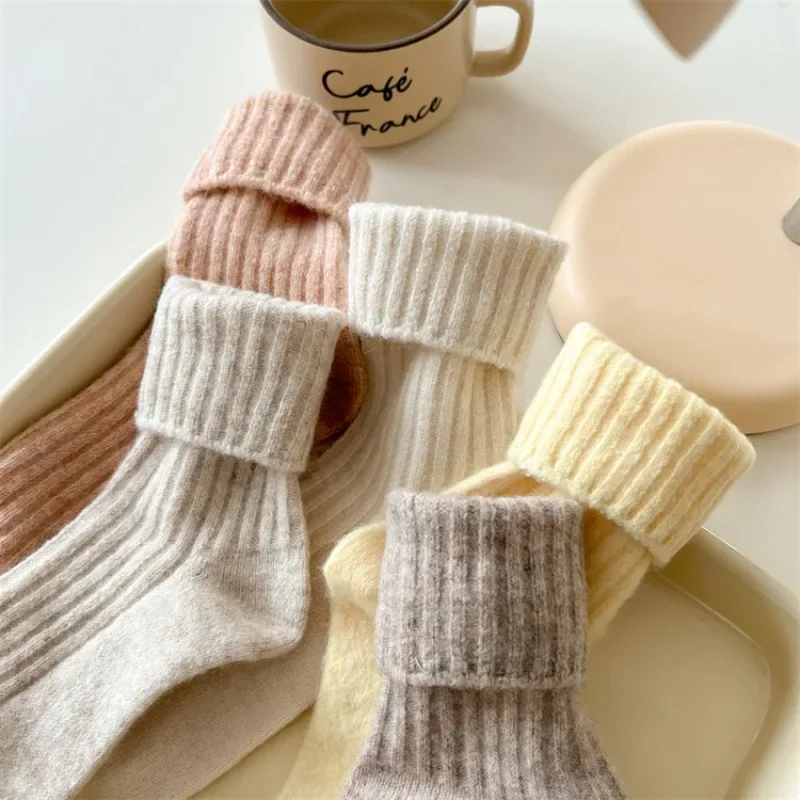 Winter Women Socks Wool Cashmere Thick Warm Sleeping Socks Women Japanese Style Solid Color Thermal Kawaii Socks Christmas Gifts