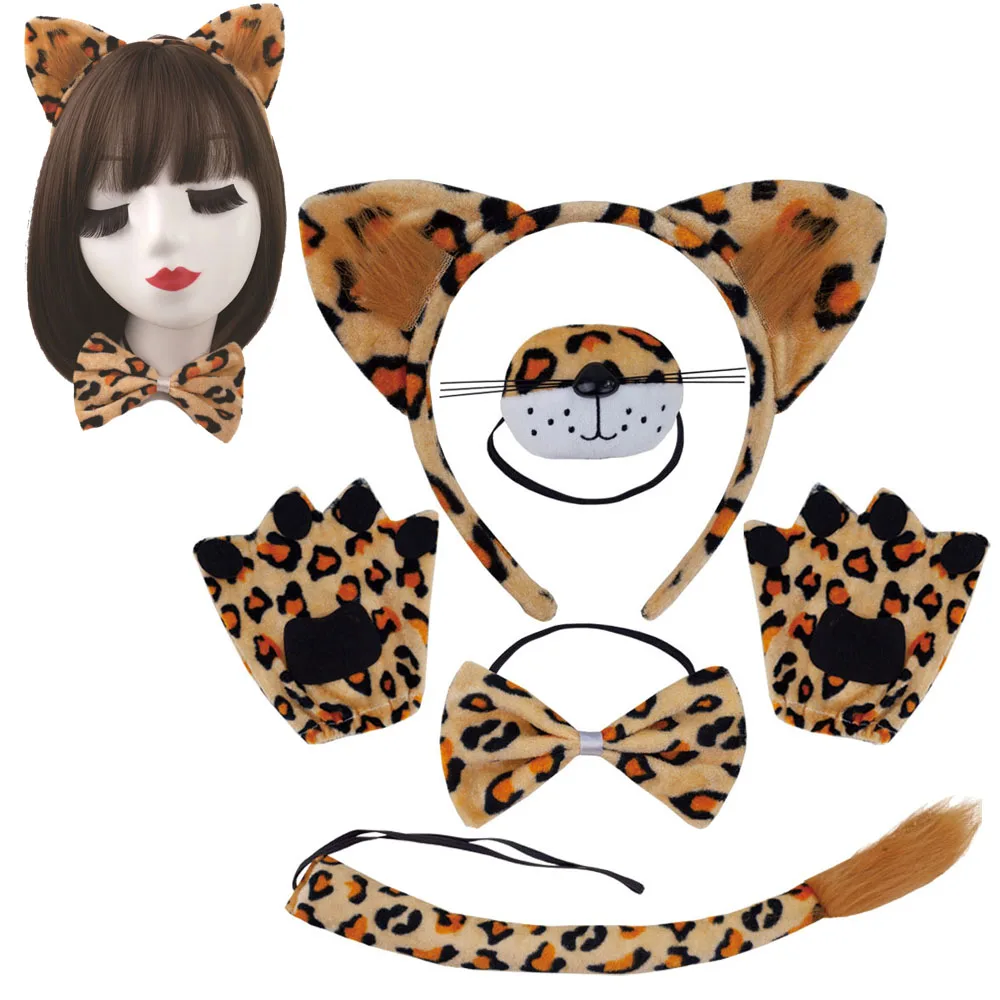 Adults Leopard headband Cosplay Kawaii Animal Ears Headband Funny Nose Face Wearings Halloween Party Costumes Bow Tie Tail