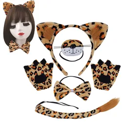 Adults Leopard headband Cosplay Kawaii Animal Ears Headband Funny Nose Face Wearings Halloween Party Costumes Bow Tie Tail