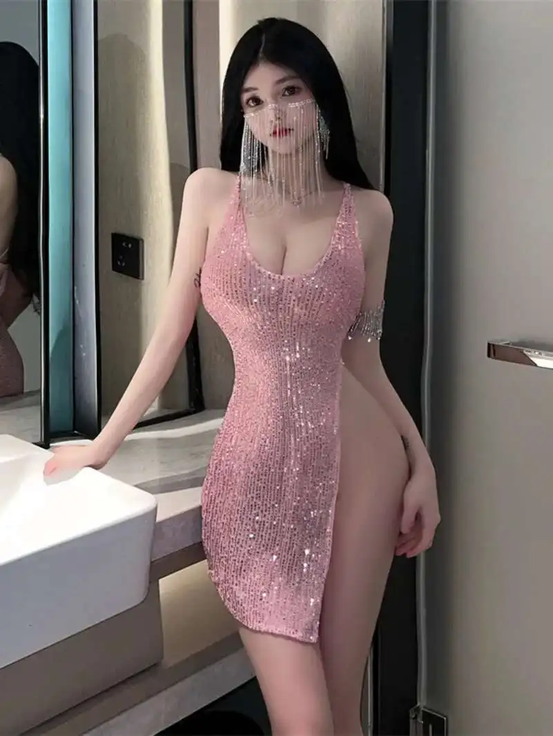 WOMENGAGA FairyชุดมินิOคอแฟชั่นเกาหลีใหม่เซ็กซี่สาวเลื่อม,สีชมพูBacklessชุด 2024 ใหม่WM5Z