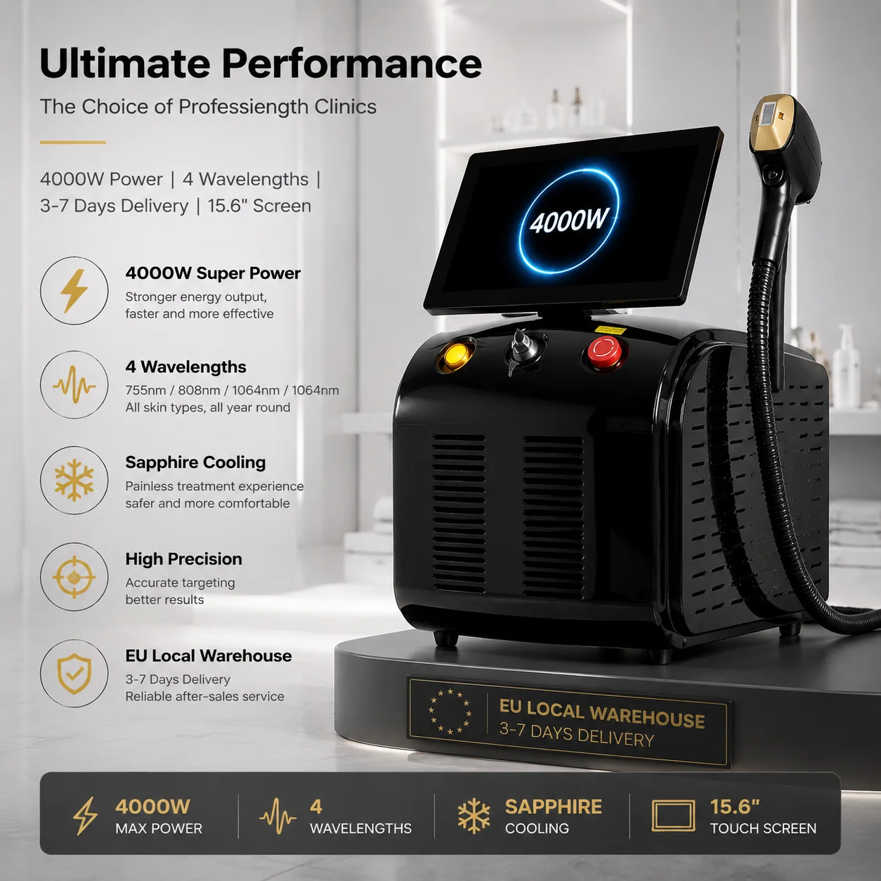 

808nm Diode Laser Hair Removal Machine 4000W Four Wavelength Ice Cooling Beauty Equipment Large Touch Screen EU Stock