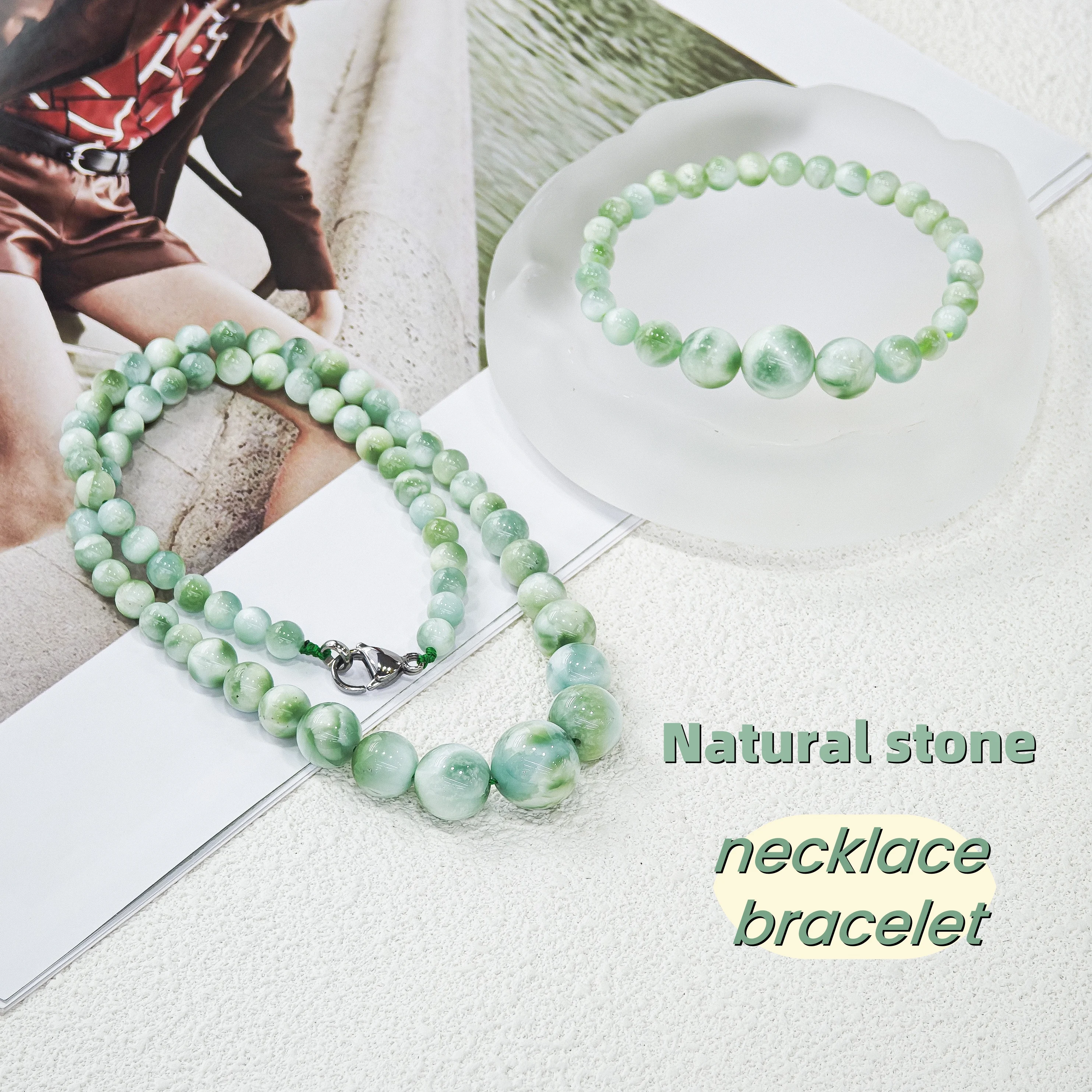 

Lecter Store Unique handmade green natural stone necklace bracelet pendant, round women's jewelry gift set accessories