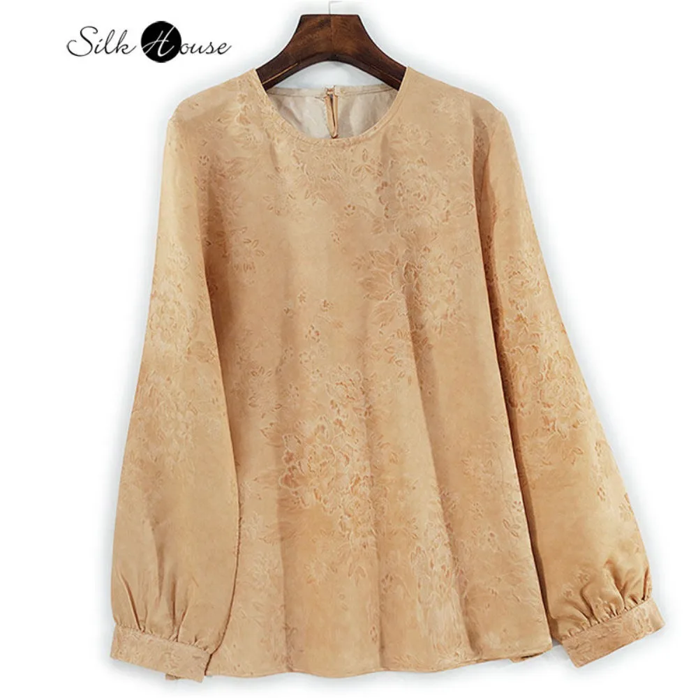 

2026Women's Fashion Spring New Simple 60%Natural Mulberry Silk 60%Wool Light Orange Peony Printed Round Neck Long Sleeve T-shirt