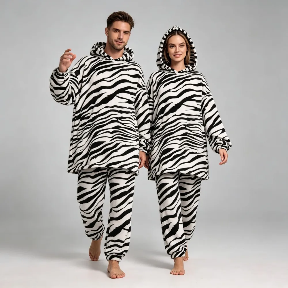 Winter Warm Animal Cartoon Zebra Print Clothing Sets Men's Oversized Hoodie+Pants 2pcs Tracksuits Home Wear Sleepwear Loungewear