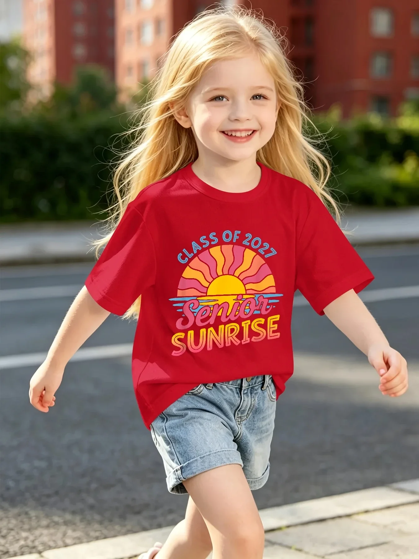 Kids Short Sleeve T Shirt Class of 2027 Senior Sunrise Retro Sun Graphic Crew Neck Casual Boys Girls Summer Tee