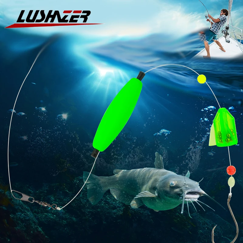 LUSHAZER 1PCS Catfish Fishing Rigs With Luminous Circle Hooks Fishing Tackle Accessories Equipment Float Rig