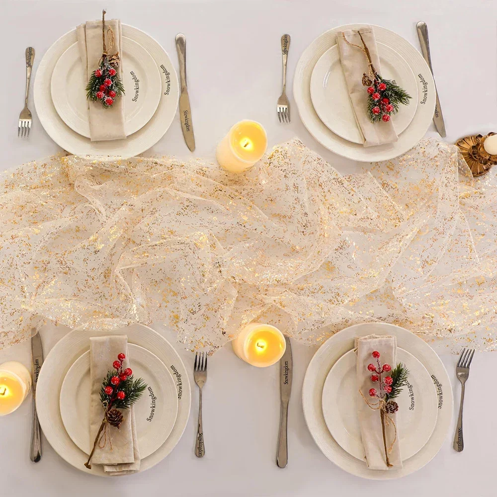 10 Pcs Sheer Table Runner Tulle Cheesecloth Sequin Glitter Metallic Gold Party Table Decorations for Wedding Birthday Baby Showe