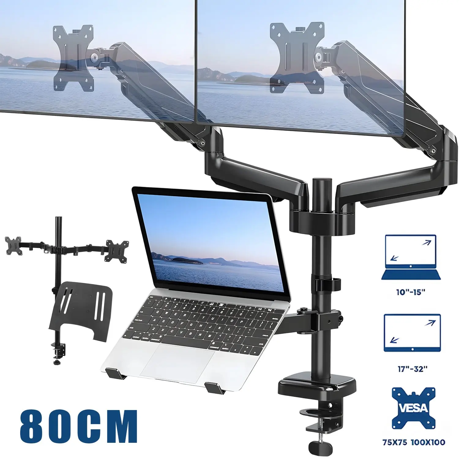 Laptopständer, höhenverstellbarer Monitorständer mit Tastaturablage, geeignet für zwei 13 bis 27 Zoll flache/gebogene Bildschirme und einen 10 bis 17 Zoll Gaming-Laptop/Notebook