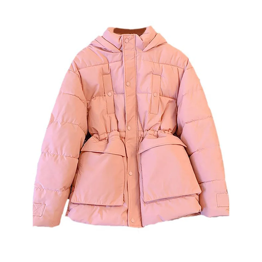 女性のための厚い綿のパッド入りジャケット、ルーズウエスト、ドローストリングコットンコート、大きなポケット、フード付きコート、ピンク、ファッション、冬、2023