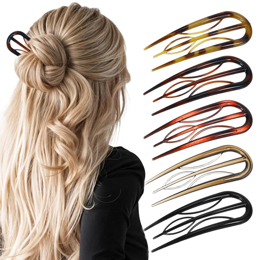 Retro Leopard Geometric Print Hairpins Forks Strong Hold 3 Prong Plastic Twist Hair Sticks For Women Girls Elegant Styling Tool