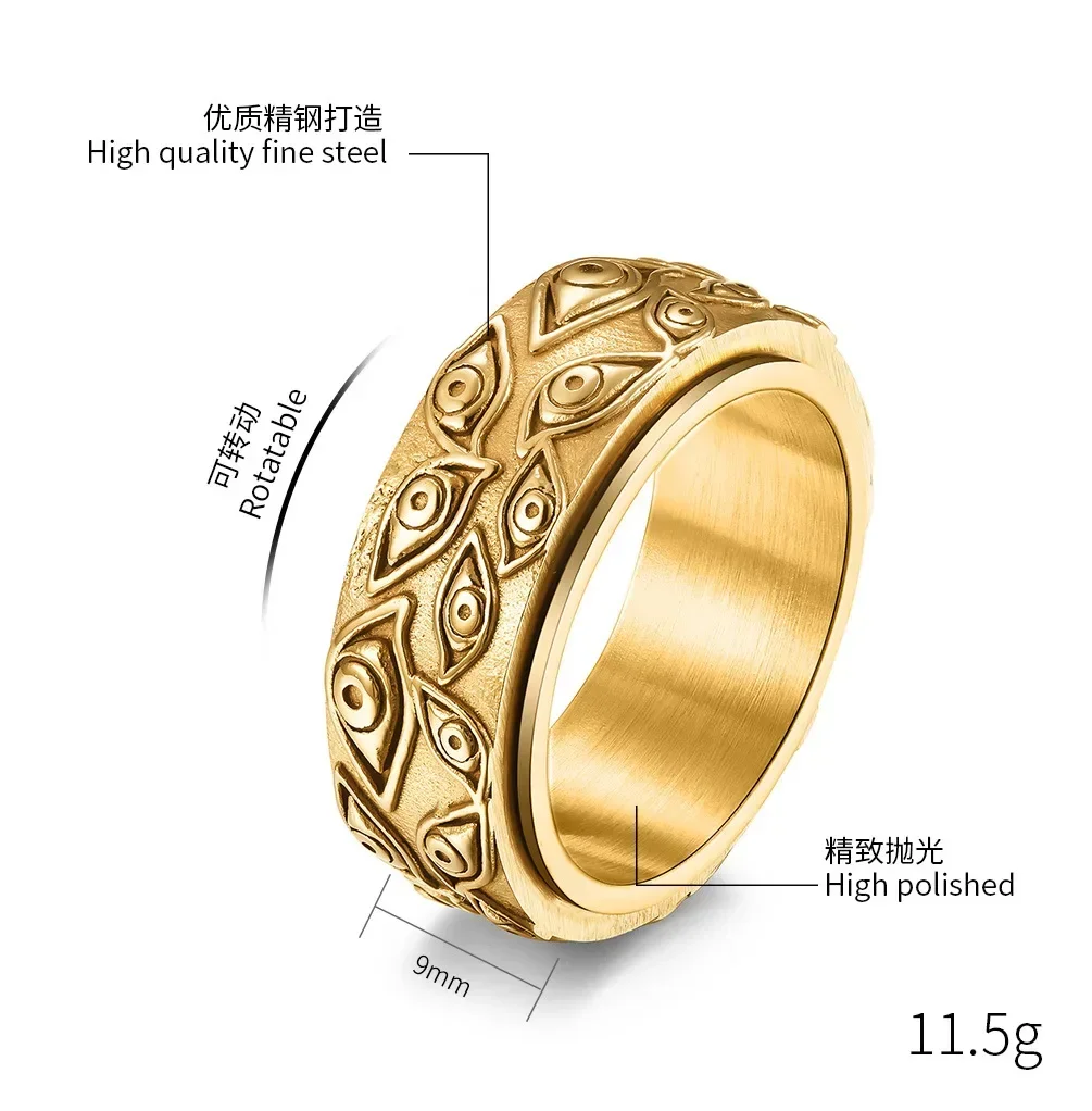 Stainless Steel Vintage Evil Eye of God Ring Spinner Ring Stress Relieving Anxiety Ring for Men Women