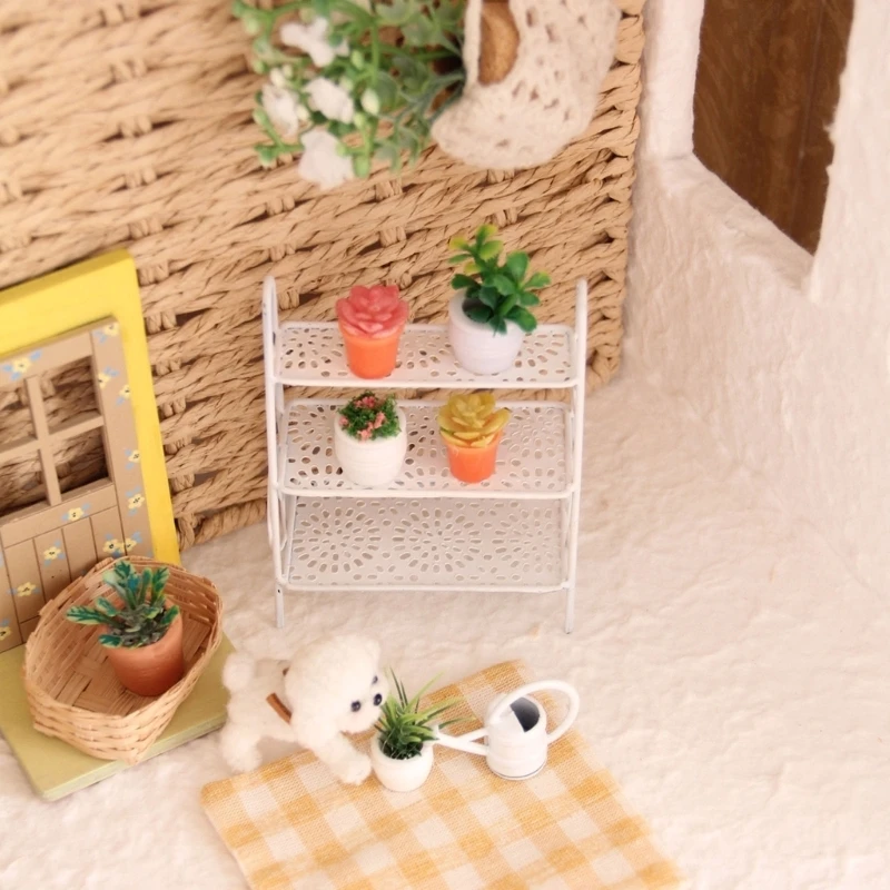 M89C 1/12 Scale Doll House Miniature Iron Plant Stand with Potted Plant For Realistic Microlandscape Garden Scene Decoration