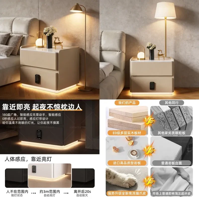 Custom Solid Wood Floating Nightstand with Sintered Stone Top Minimalist Bedside Table for Bedroom Hotel Rental