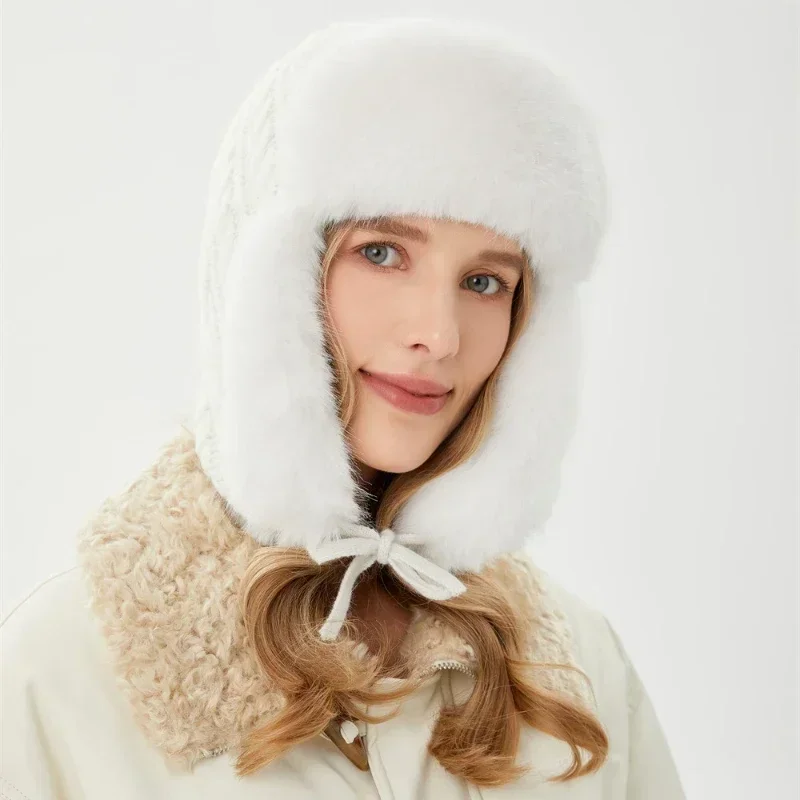 Russian Caps Fur Winter Thickened Warm Knit Ushanka Earflap Pilot Hat for Women Ski Snow Bomber Hat Шапка Ушанка Женская