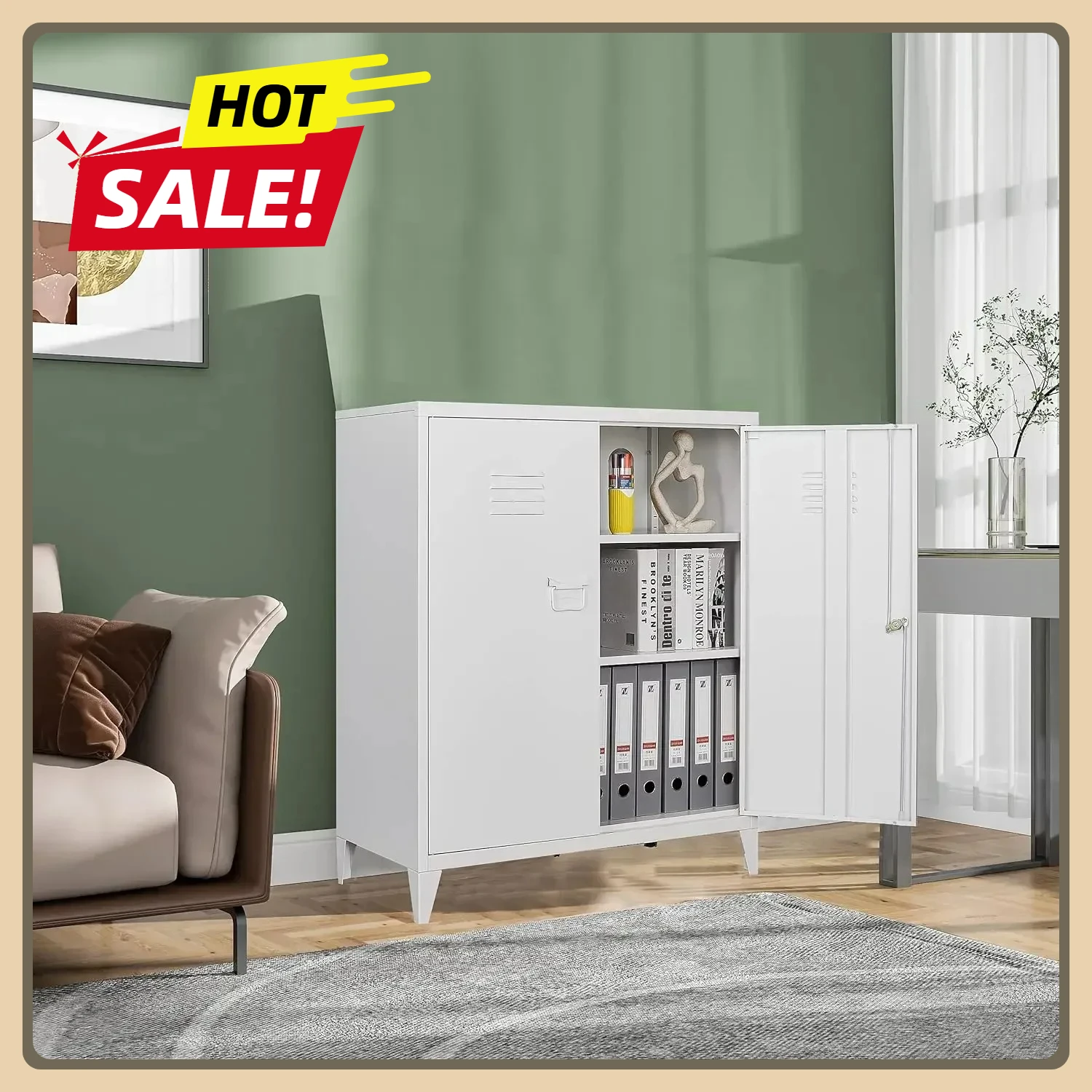 

White Metal Cabinet, Metal Storage Cabinet with Lock Door Adjustable Shelf,40" File Cabinet for Office with Doors and Shelves