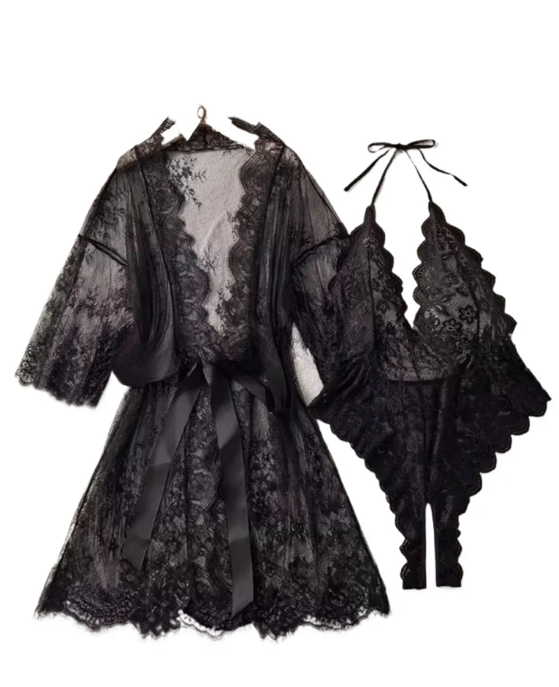 New European and American women's sexy seductive see through lingerie nightgown lace loose kimono robe lace jumpsuit pajamas