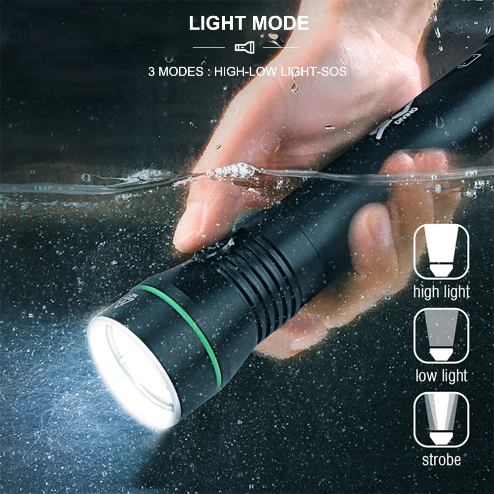 Asafee 110M Underwater Diving Flashlight P50 LED 2000LM SOS Waterprood Torch Press Switch Scuba Lamp Outdoor Exploration