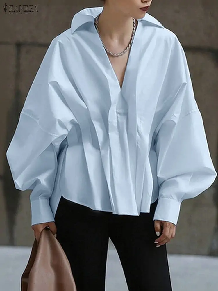 ZANZEA Donna Autunno OL Camicetta da lavoro 2025 Elegante risvolto Collo Manica lunga Top Camicia alta bassa Solido a pieghe Blusas Chemise femminile