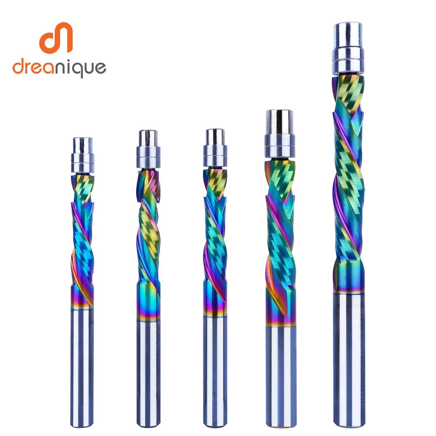 Dreanique-Carboneto sólido rolamento fresas, DLC Revestimento, End Mill, 2 flautas, Espiral Flush Trim, 8 milímetros Shank, Carpintaria, 1Pc