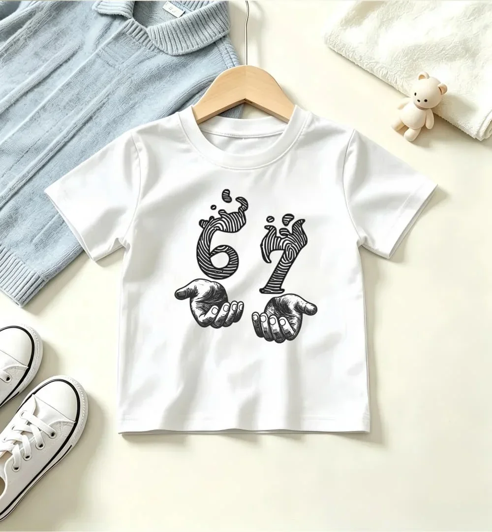 Kids White Short Sleeve T Shirt Sketch Hand Pattern Number 67 Graphic Print Crew Neck Boys Girls Casual Summer Tee
