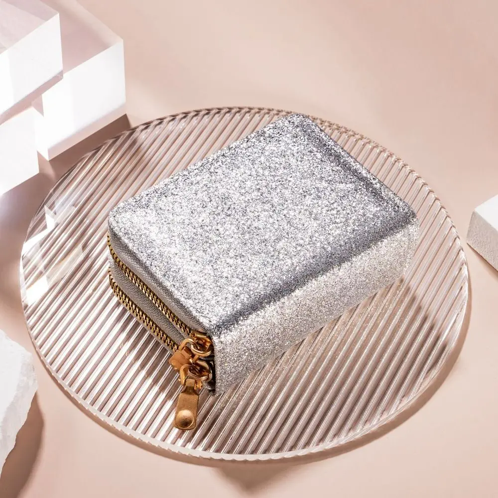 

Solid Color Women Card Bag Luxury Double Zipper Starry Shiny Wallet Coin Purse ID Bank Credit Card Accordion Card Holder Girls