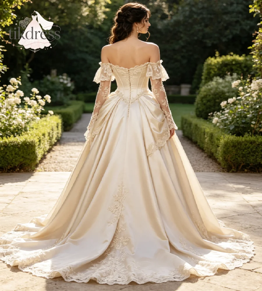 Vintage Light Champagne Victorian Wedding Gowns 2027  Off Shoulder Satin Lace Appliqué Chapel Train Medieval Bridal Gown Custom