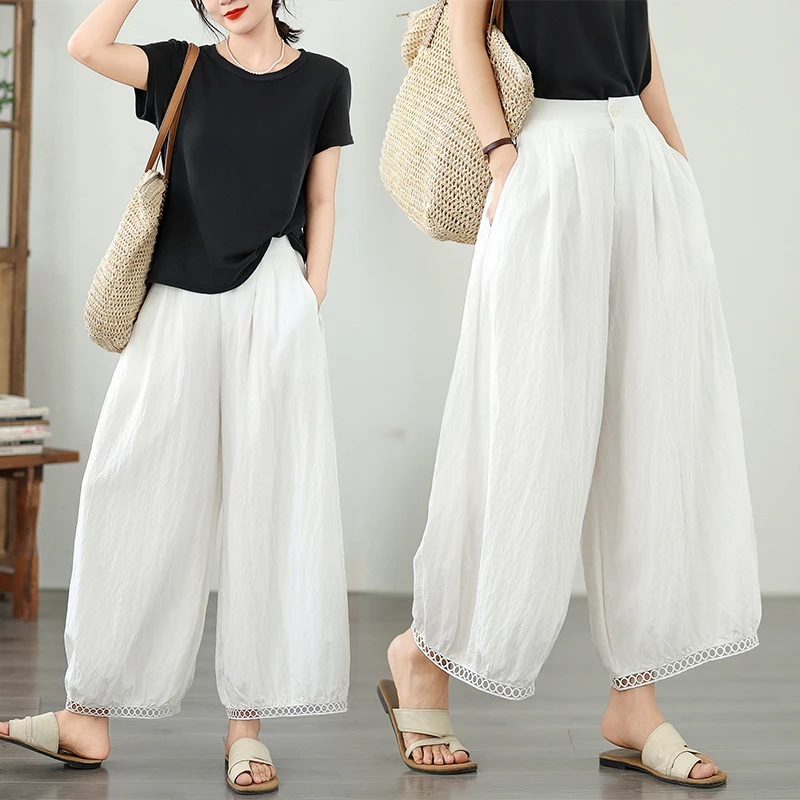 

Новые летние широкие брюки с девятью зубцами, прямые шаровары-фонарики с большой ногой, свободные брюки с высокой талией, белые кружевные брюки