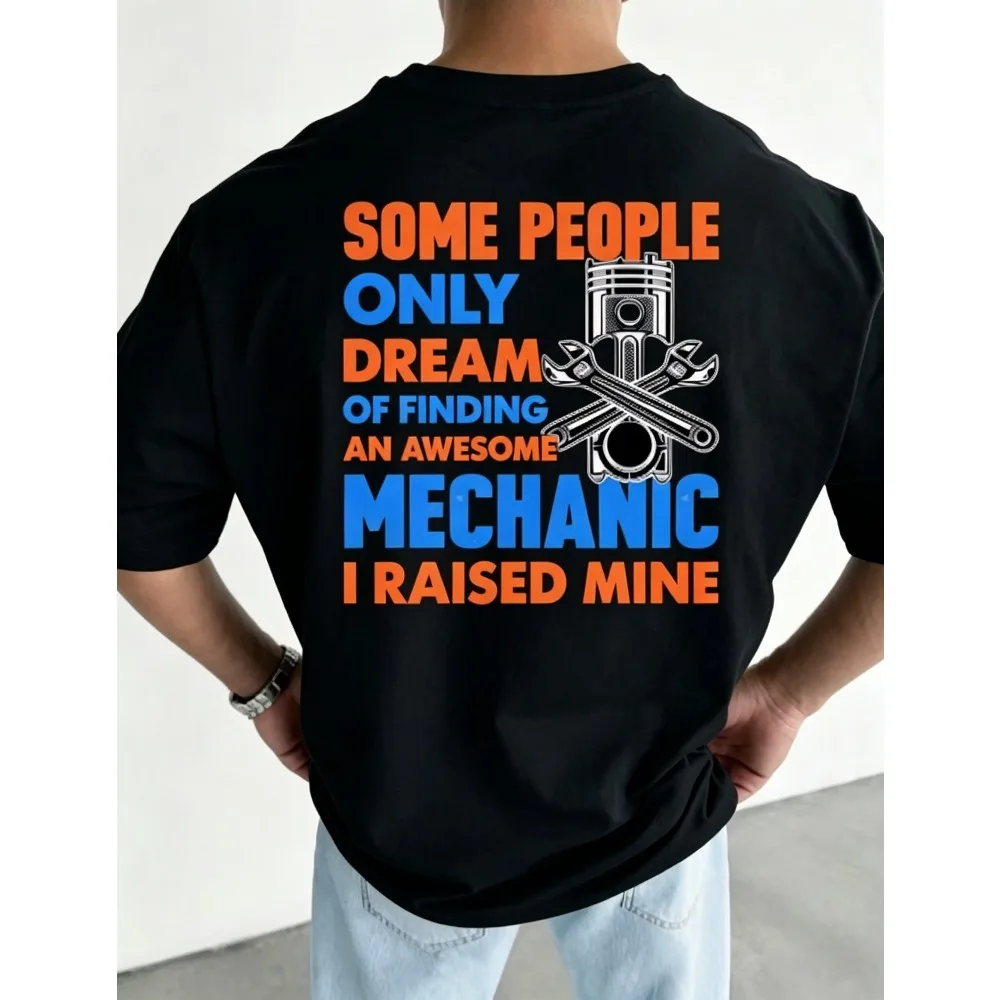 2026 New Unisex O-neck Short Sleeve T-shirt Back Mechanic Piston Wrench Print Fun Mechanic Slogan Vintage Distressed Font