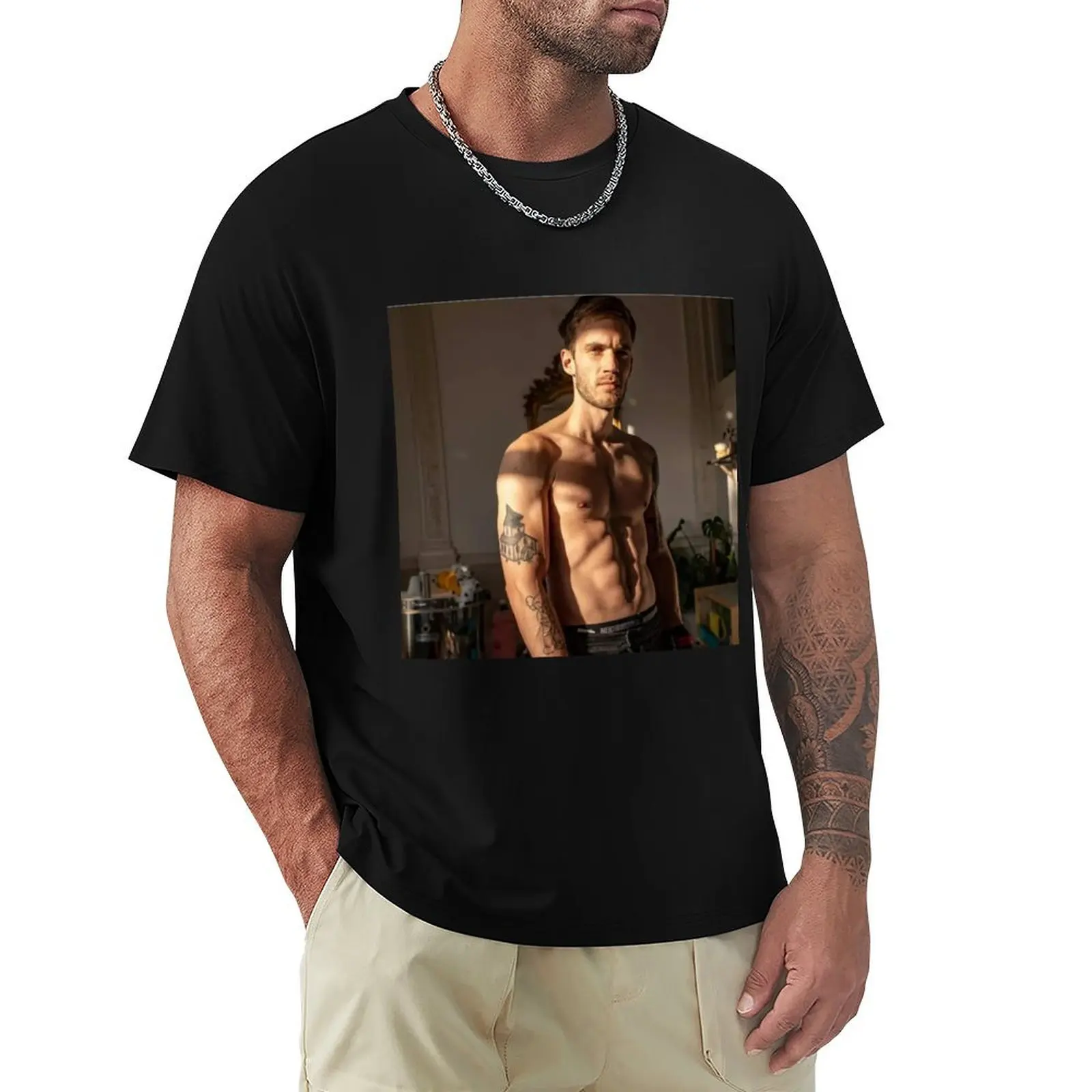 PewDiePie Shirtless Muscles T-Shirt Minimalist Plain Crew Neck T-Shirt