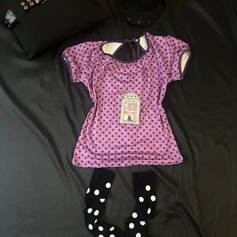 Purple Pure Sweet Purple Polka-dot Print Tops Women Backless Lace-up Bubble Sleeves Slim T-shirt New Sexy Y2k Clothing Summer