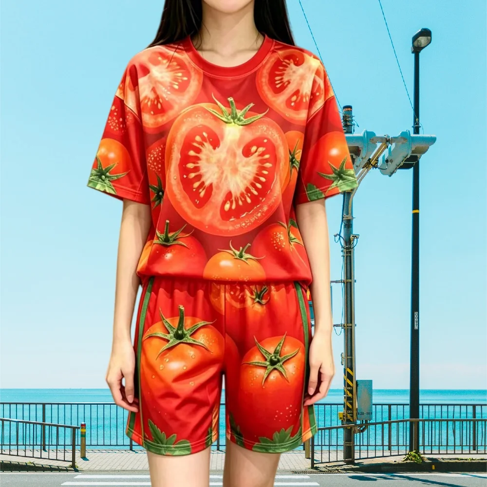Cute Tomato Print Gradient Short Sleeve Set Thin, Breathable, Student Versatile, Sports Two Piece Set for Daily Use — купить у AliExpress WW