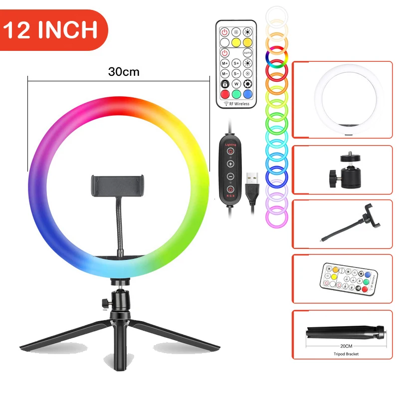 12 10 Inch RGB Ring Light With Remote LED Photographic Ring Light Bluetooth Selfie Tripod With  Phone holder Stand for Tik Tok