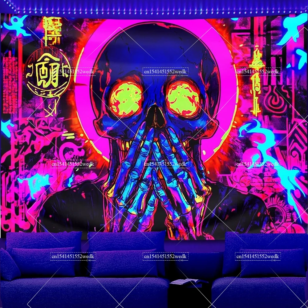Blacklight Tapestry Skeleon Glow In The Dark UV Reactive Skull Lover Neon Tapestrys Aesthetic Room Decor Fluorescent Tapestries