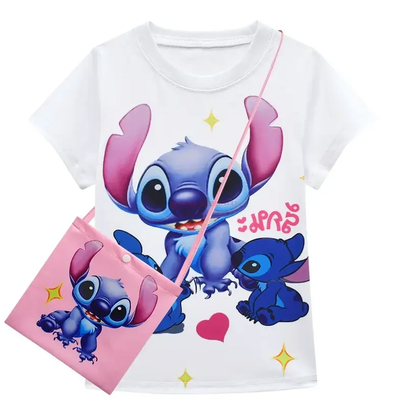 2025 New Stitch And Angel Children's Set Sleeve Pleated Cartoon Printing Kawaii Short Sleeves Skirt Lovely X158