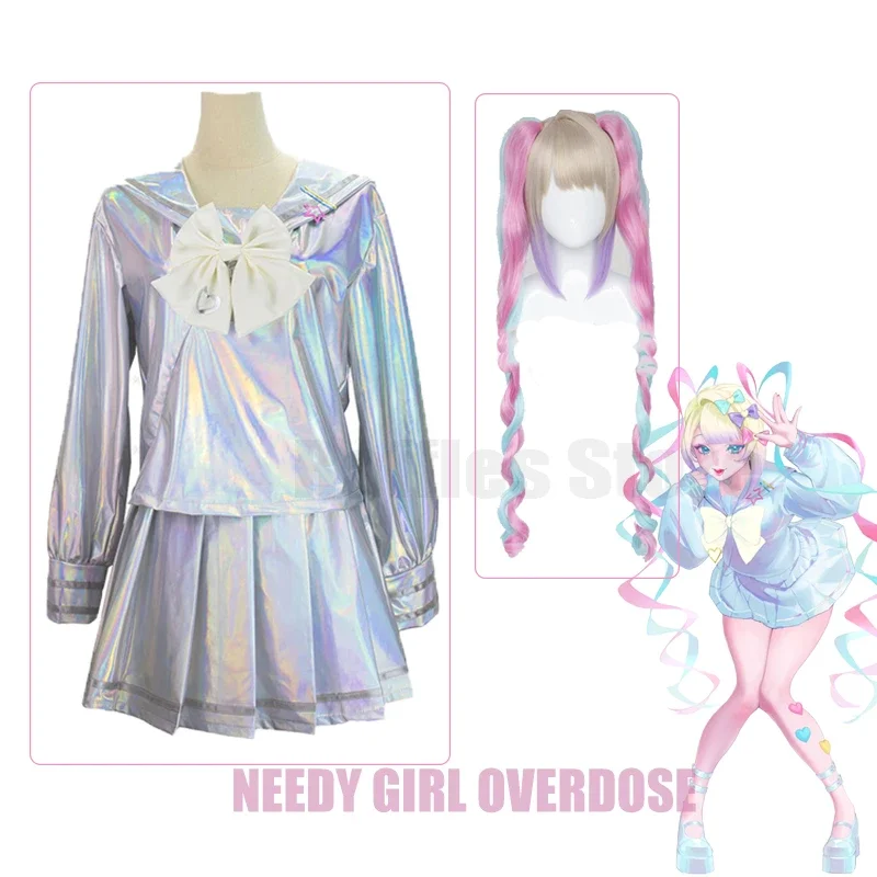 Game NEEDY GIRL OVERDOSE KAngel Cosplay Costumes Wig Colorful KAngel Cosplay Lolita Girls Laser JK Sailor Suit School Uniform