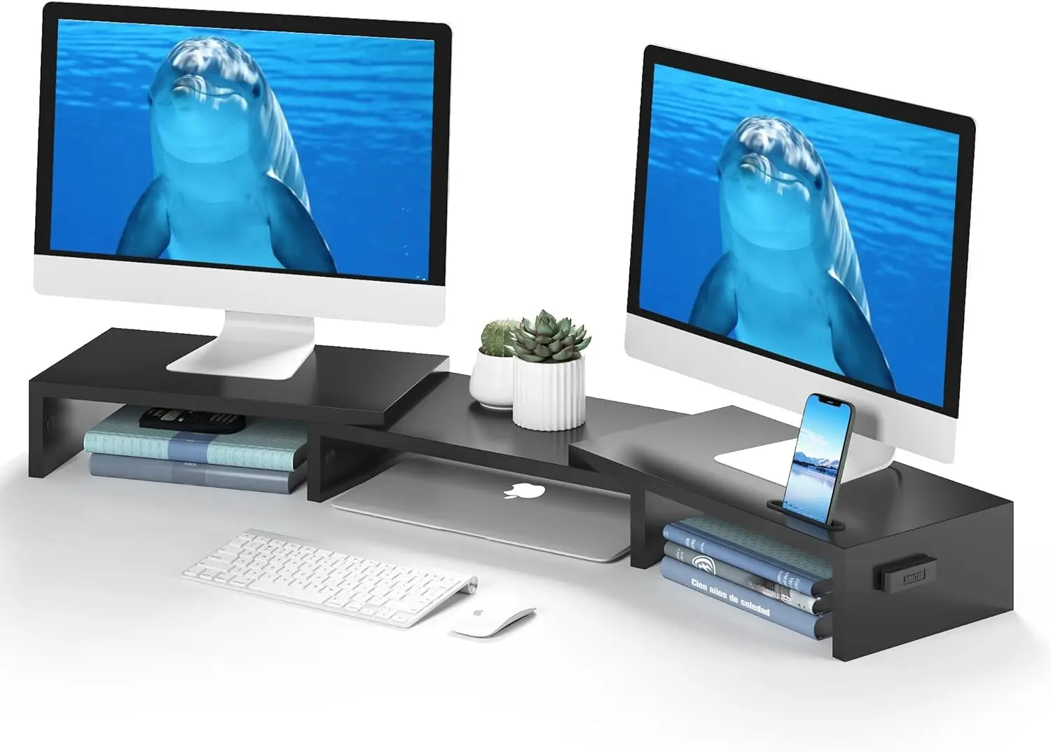 Dual Monitor Stand Riser with Smartphone Holder, Adjustable Length & Swivel Angle, Ergonomic Wooden