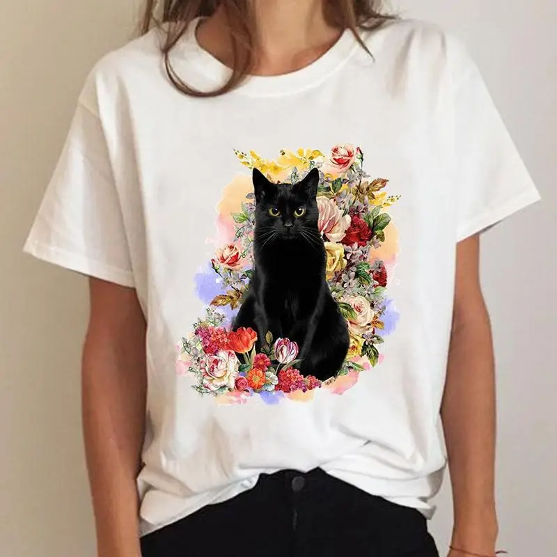 女性のための猫とトトロのプリントTシャツ,白いトップ,動物のプリント,夏服,かわいい,面白い,y2k,2022