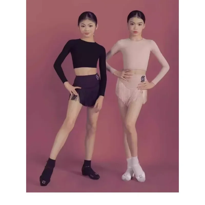 

Customized Girl Latin Dance Dress Practice Performance Dress Long Sleeve Top with Tassel Skirt Salsa Tango Lumbe Dance Set Suit