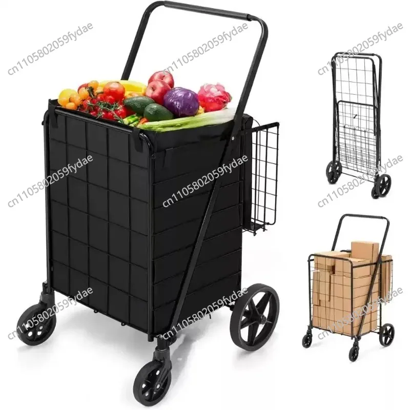 %a Folding Shopping Cart With Wheels 360 Degree Rolling Swivel Grocery Cart