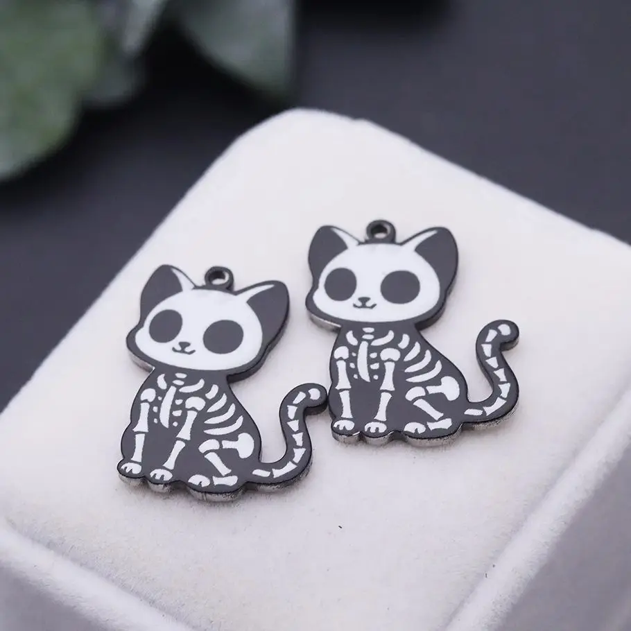 2pcs Stainless Steel Cat Fossil Skeleton Pendant Charms for Jewelry Making Trendy Necklace Keychains Halloween diy Accessories