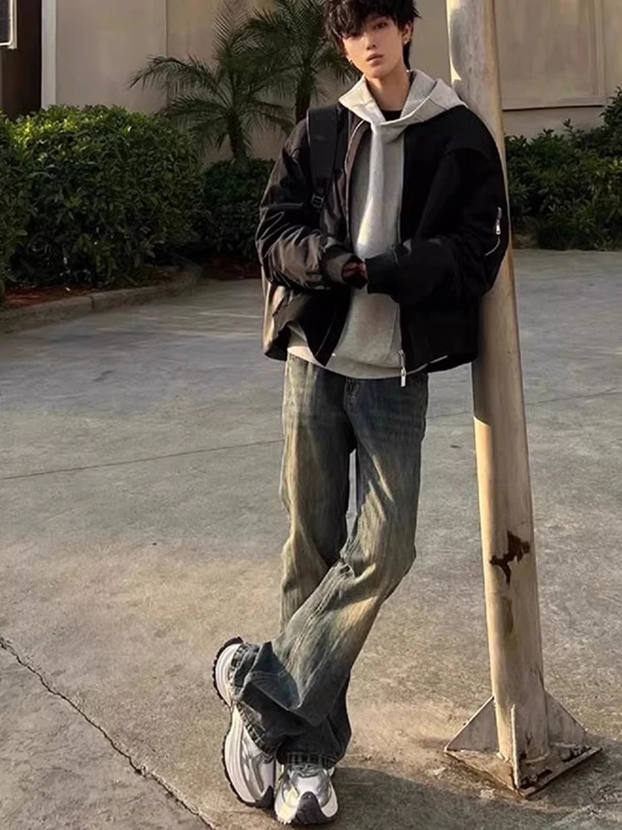 

Blue Straight Leg Men's Jeans American Retro High Street Vibe Long Trousers Trendy Youth Casual Denim Pants for Teens