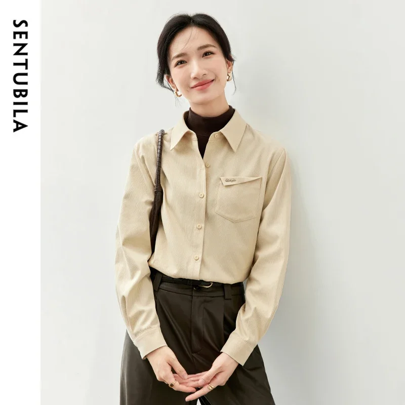 

SENTUBILA Office Lady Shirt for Women 2024 Autumn Lyocell Loose Fit POLO Collar Long Sleeve Metal Label Solid Blouse 143C56896